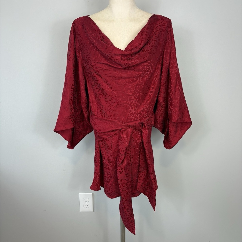 Josie Natori Silk Jacquard Kimono Sleeve Top Women's Sz M Cowl Neck Waist Tie